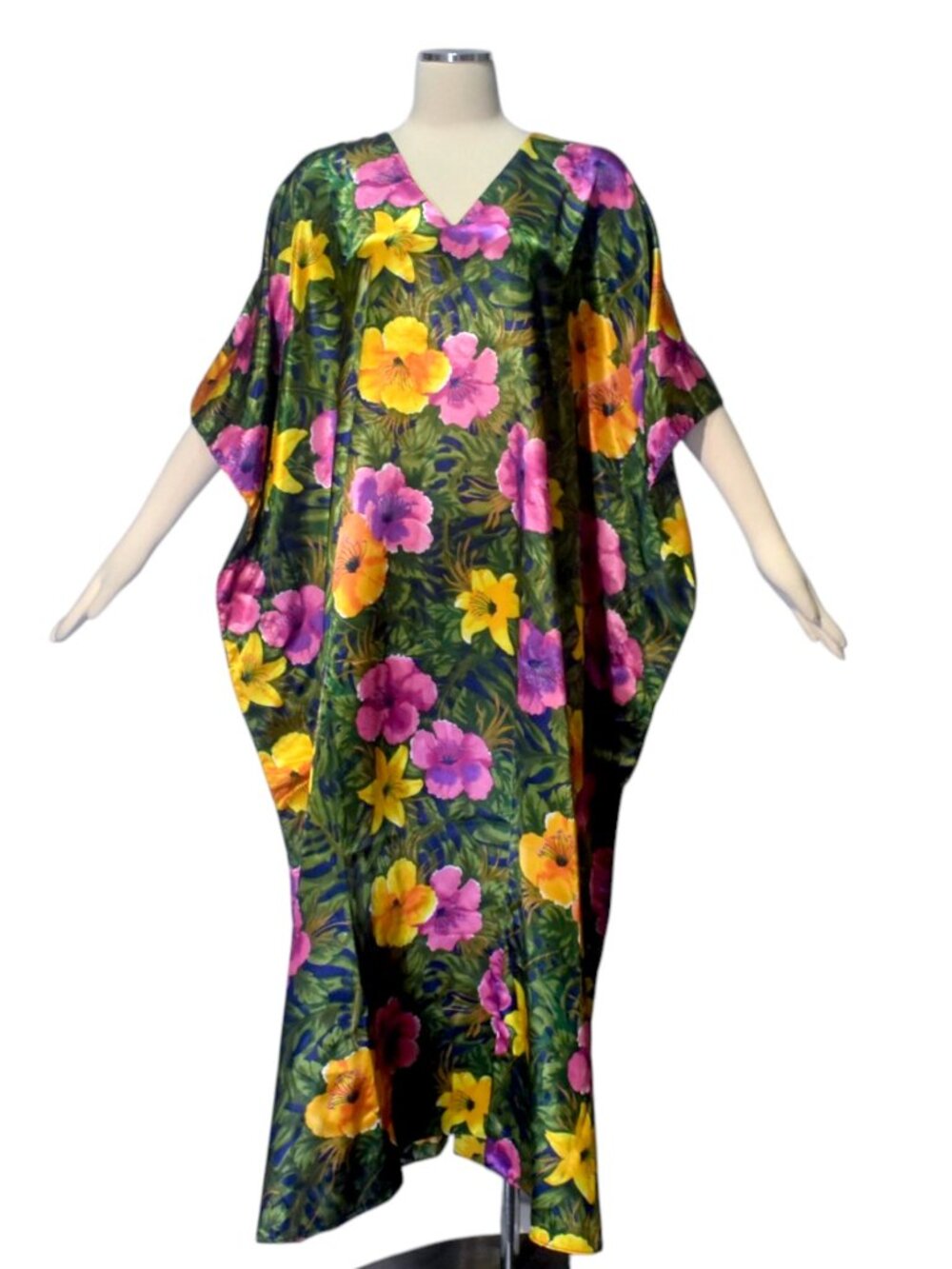 Winlar Tropical Floral Satin Caftan Maxi Lounge Dress V neck One Size